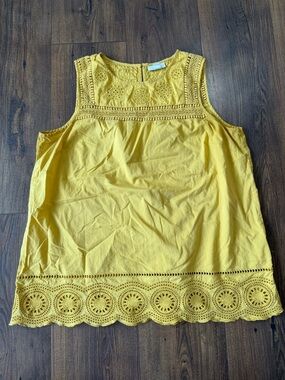 J. Jill Women’s Sleeveless Yellow Tank Eyelet Border Size Medium Tall